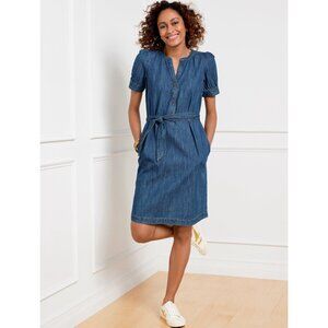 Talbots Women's Blue Denim Puff Sleeve Shirt Dress with Tie Size Large